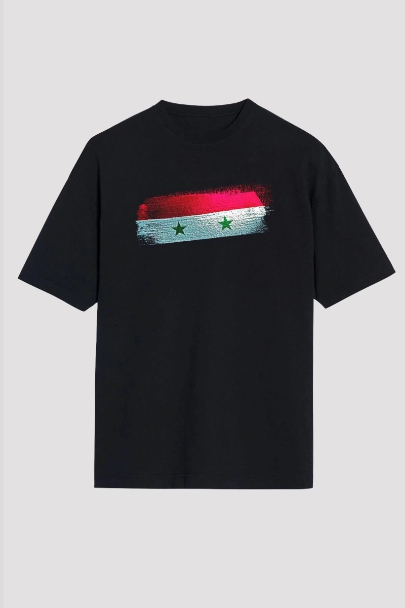 Ko Buta Suriye - Syria Bayrağı Baskılı Unisex Siyah Oversize Tişört Os21252