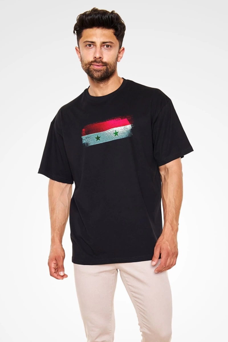 Ko Buta Suriye - Syria Bayrağı Baskılı Unisex Siyah Oversize Tişört Os21252