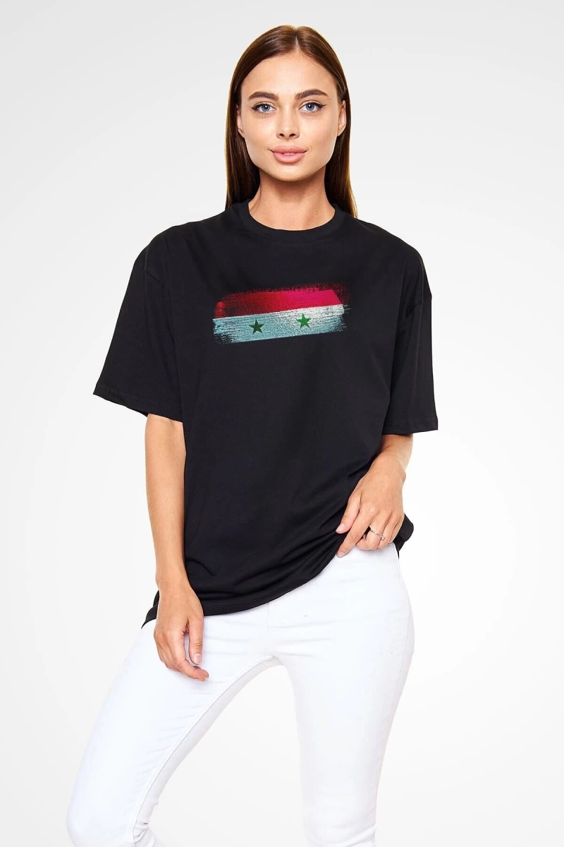 Ko Buta Suriye - Syria Bayrağı Baskılı Unisex Siyah Oversize Tişört Os21252