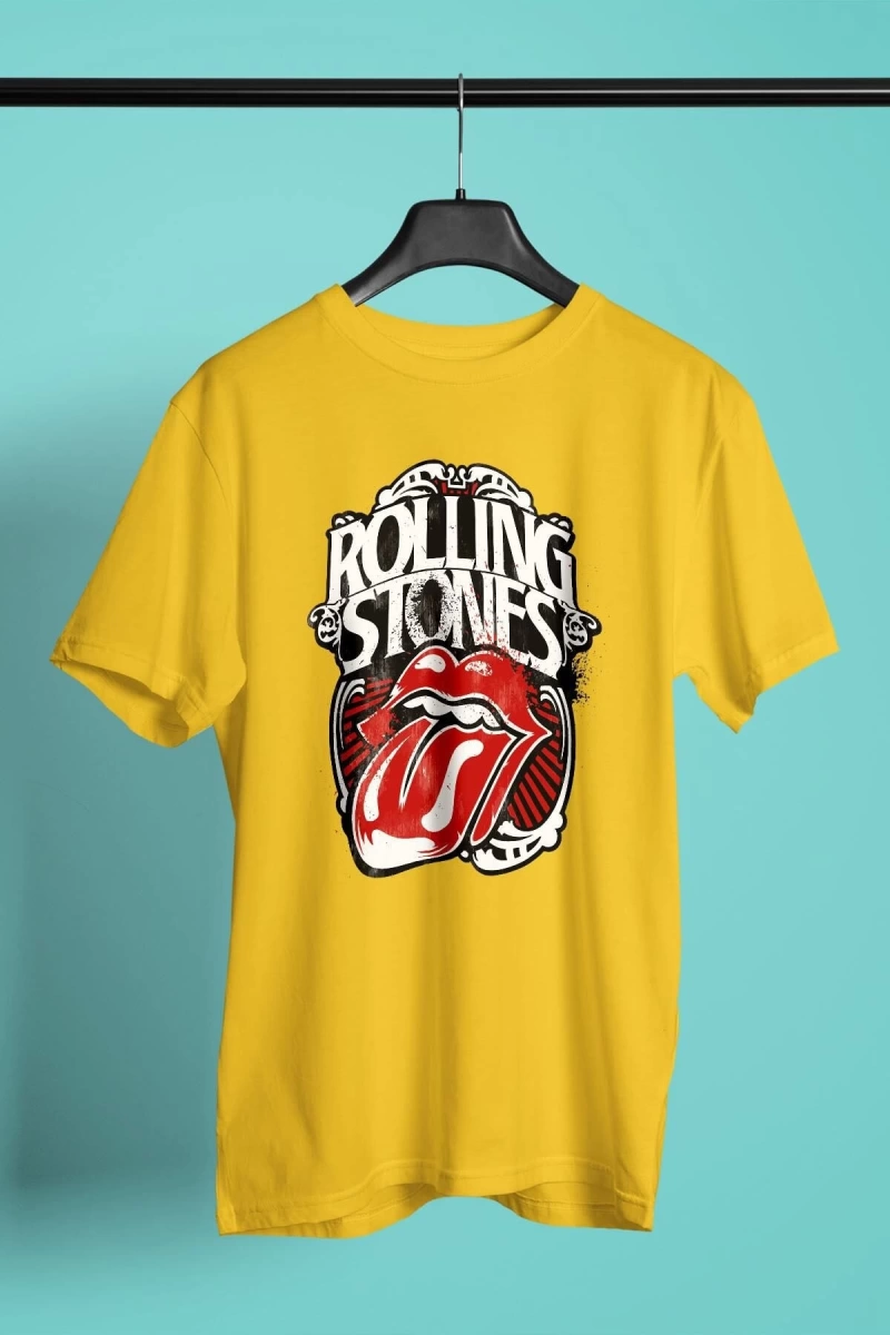 Ko Buta The Rolling Stones Logo Baskılı Unisex Sarı Tişört To2475