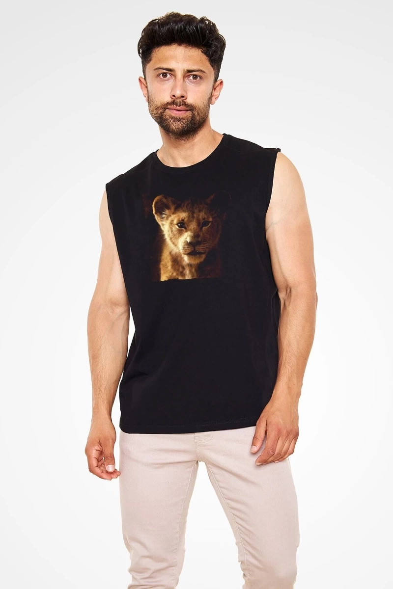 Ko Buta Unisex Aslan Kral Baskılı Siyah Kolsuz T-shirt Kk19383