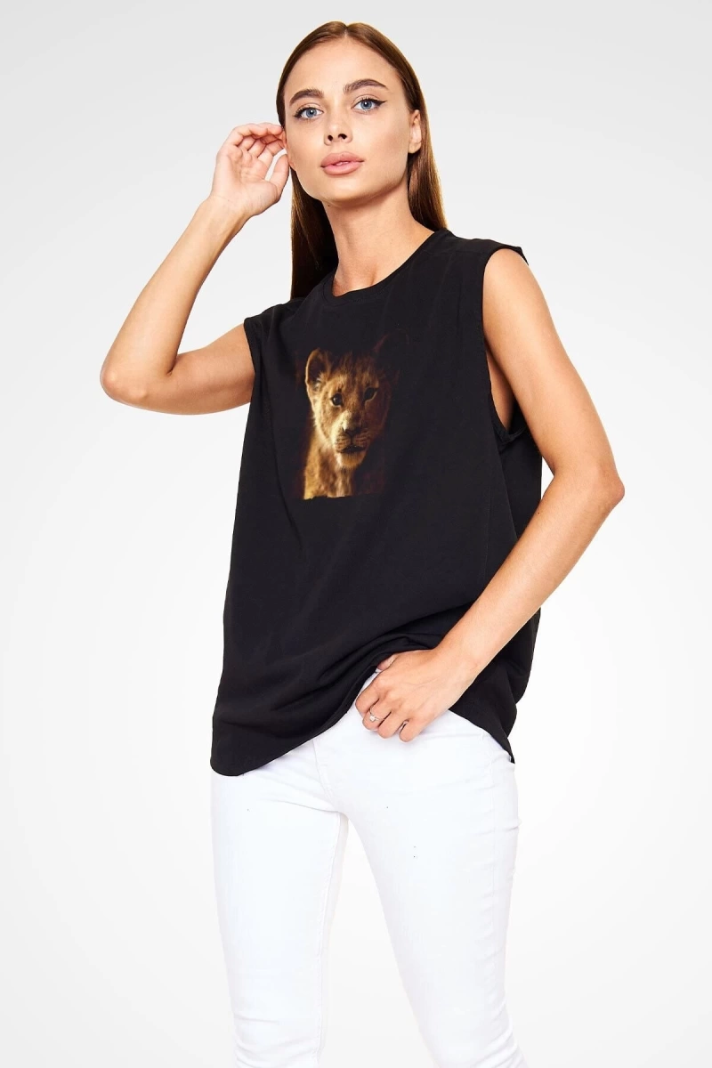 Ko Buta Unisex Aslan Kral Baskılı Siyah Kolsuz T-shirt Kk19383