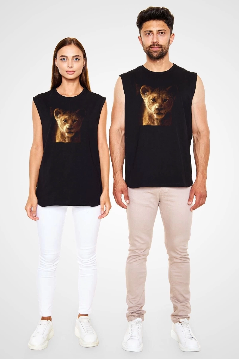Ko Buta Unisex Aslan Kral Baskılı Siyah Kolsuz T-shirt Kk19383