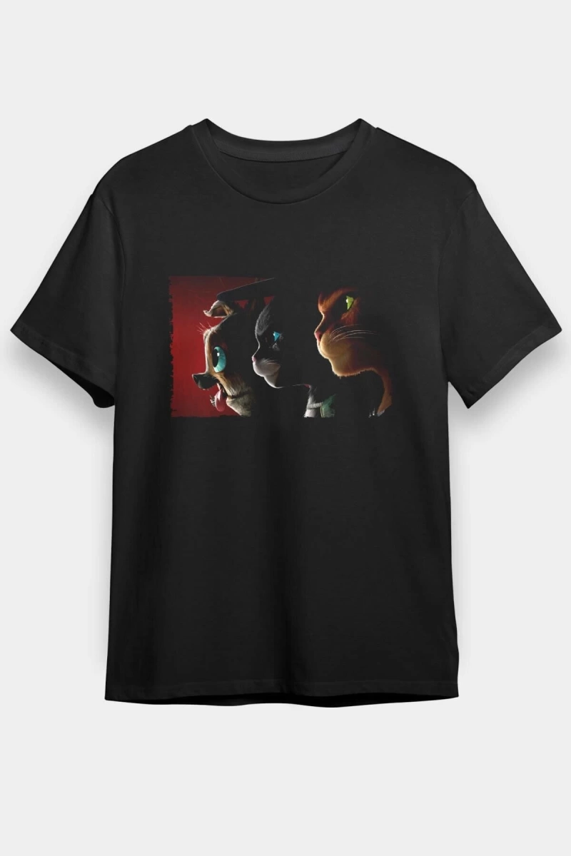 Ko Buta Unisex Çizmeli Kedi (PUSS İN BOOTS) Baskılı Siyah T-shirt T19458