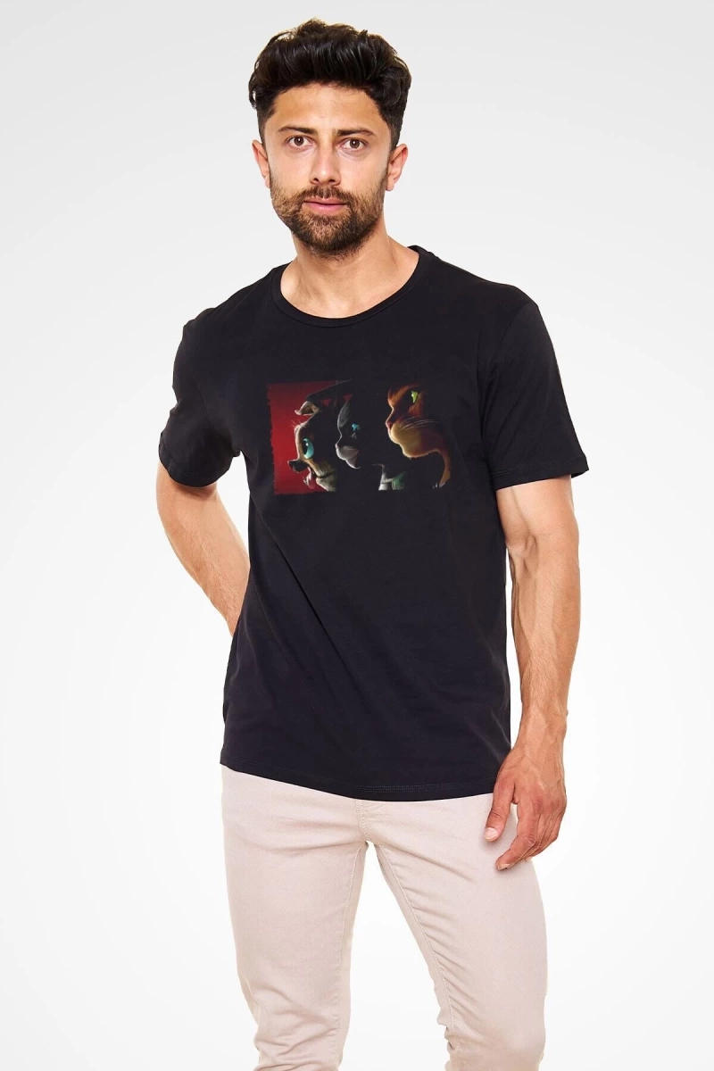 Ko Buta Unisex Çizmeli Kedi (PUSS İN BOOTS) Baskılı Siyah T-shirt T19458