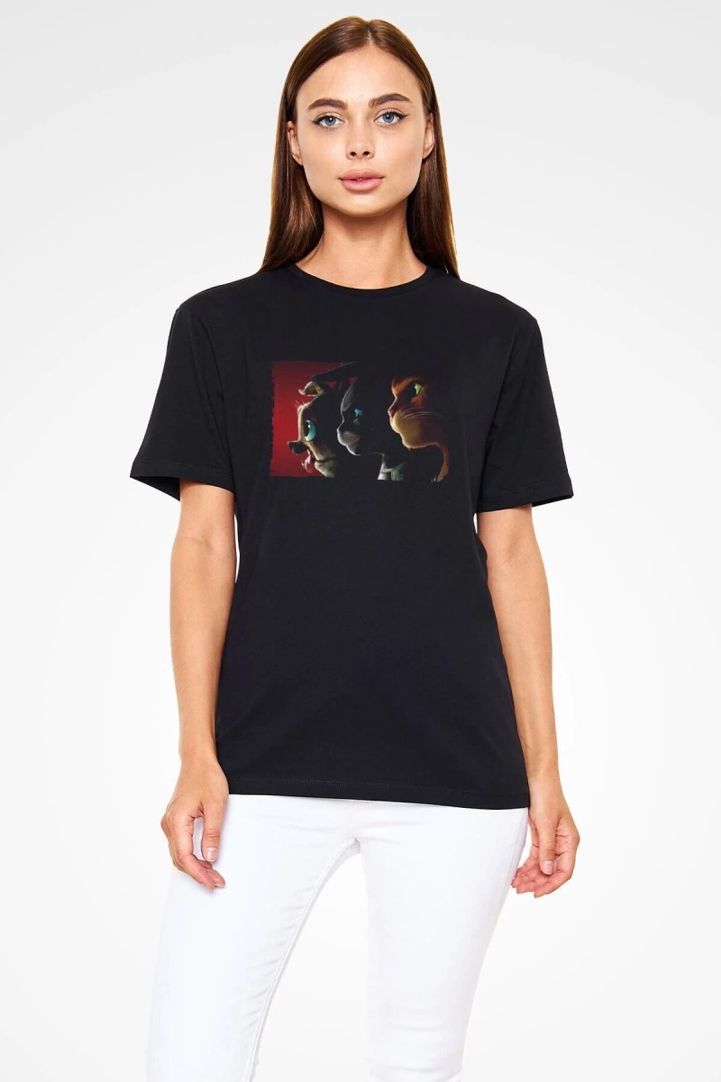 Ko Buta Unisex Çizmeli Kedi (PUSS İN BOOTS) Baskılı Siyah T-shirt T19458