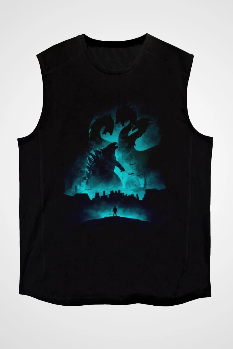 Ko Buta Unisex Godzilla Iı Canavarlar Kralı Baskılı Siyah Kolsuz T-shirt Kk19514