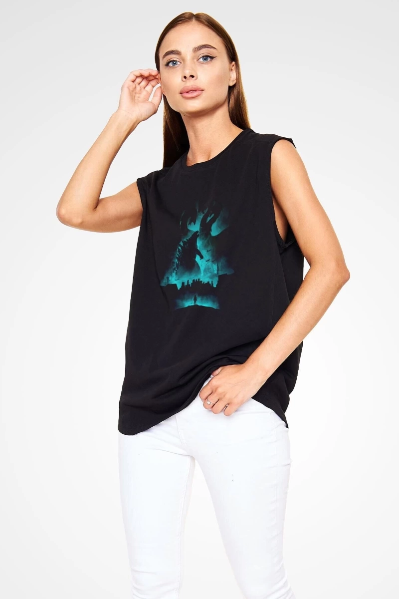 Ko Buta Unisex Godzilla Iı Canavarlar Kralı Baskılı Siyah Kolsuz T-shirt Kk19514