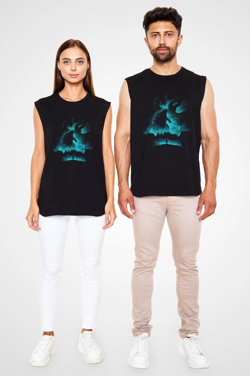 Ko Buta Unisex Godzilla Iı Canavarlar Kralı Baskılı Siyah Kolsuz T-shirt Kk19514
