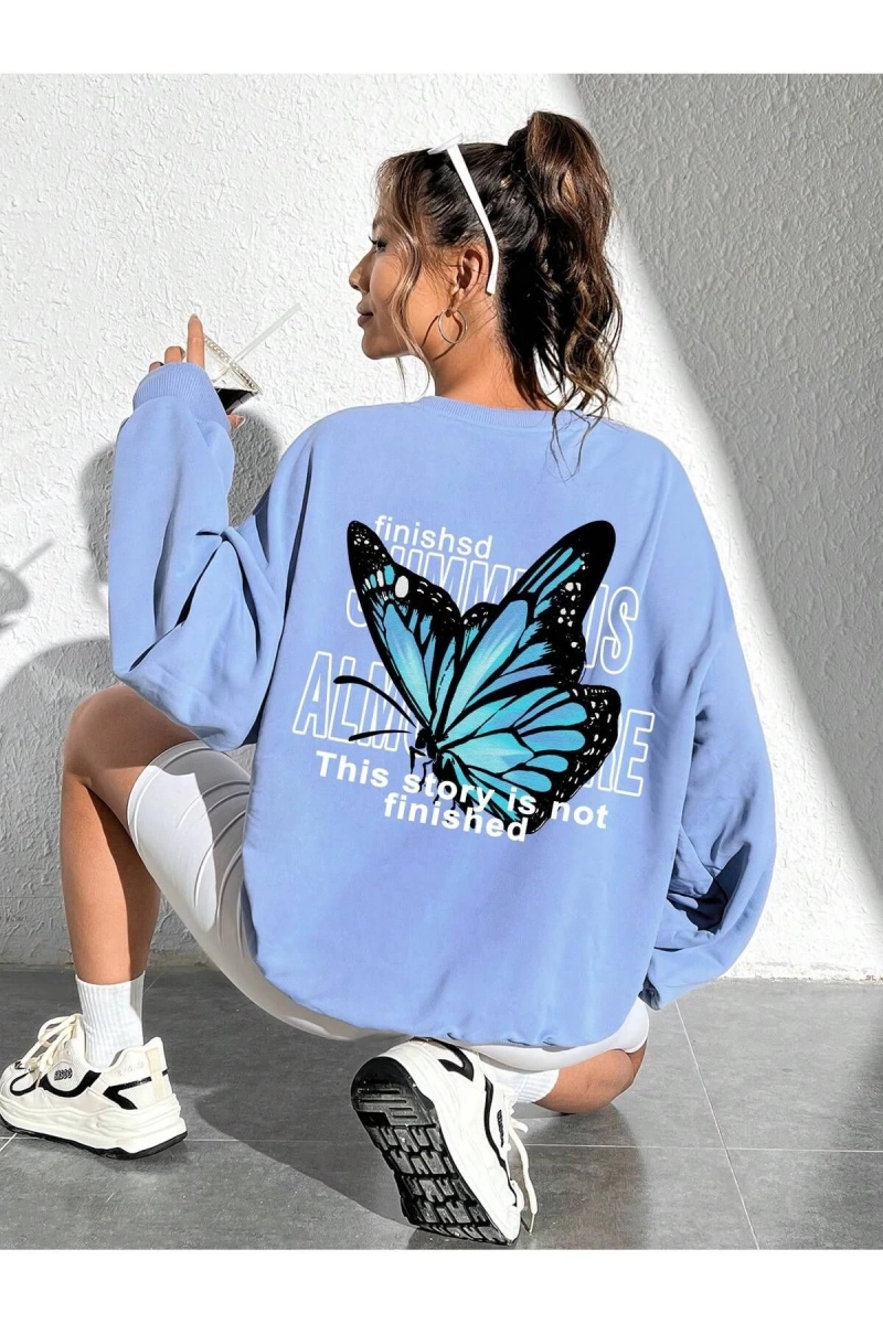 KOD ADR-SHEN EZwear Slogan & Butterfly Print Drop Shoulder Sweatshirt