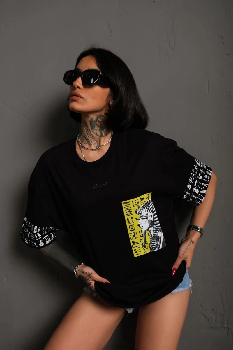 KOD:IZEI - Unisex Firavun Baskılı Pamuklu Oversize T-shirt KOD:IZEI-01021