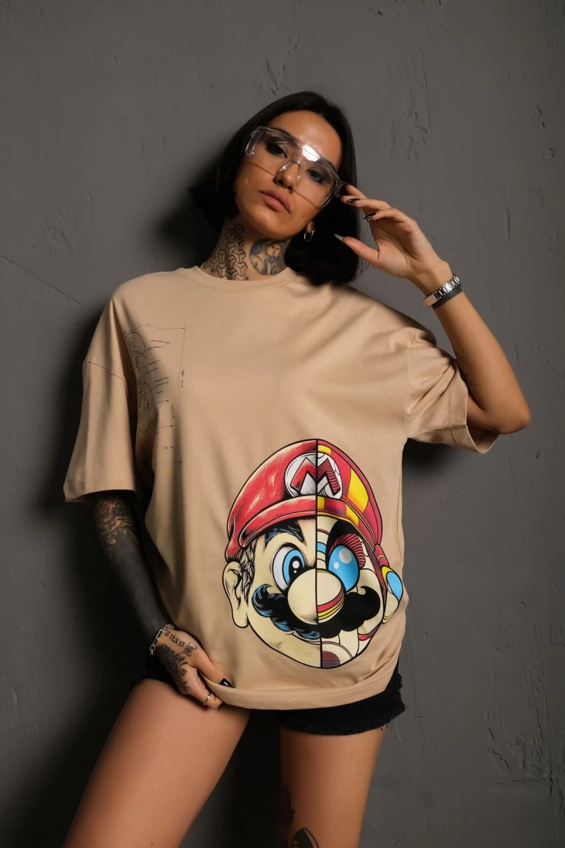 KOD:IZEI - Unisex Oversize Çizim Mario Baskılı Pamuklu T-shirt P--1002
