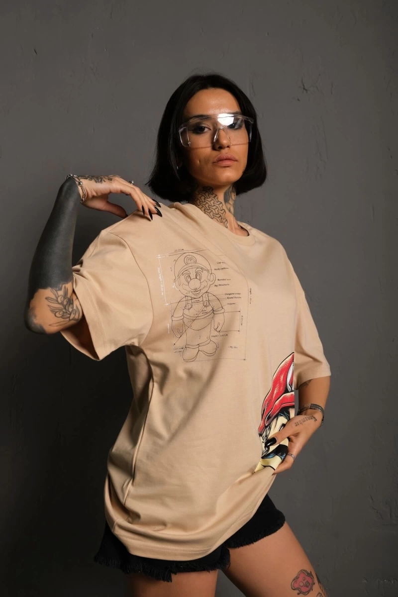 KOD:IZEI - Unisex Oversize Çizim Mario Baskılı Pamuklu T-shirt P--1002