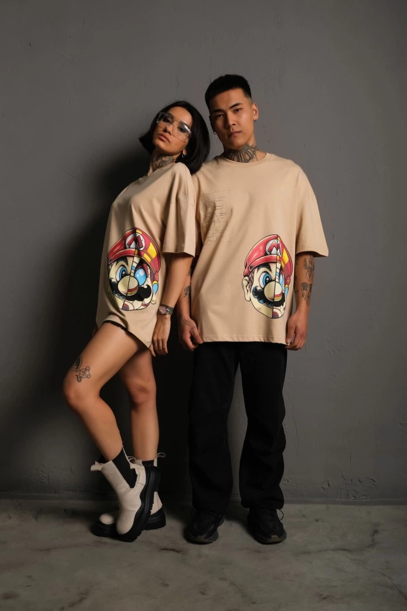 KOD:IZEI - Unisex Oversize Çizim Mario Baskılı Pamuklu T-shirt P--1002