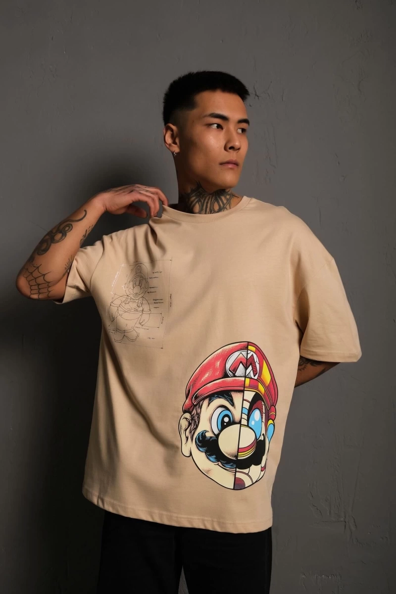 KOD:IZEI - Unisex Oversize Çizim Mario Baskılı Pamuklu T-shirt P--1002