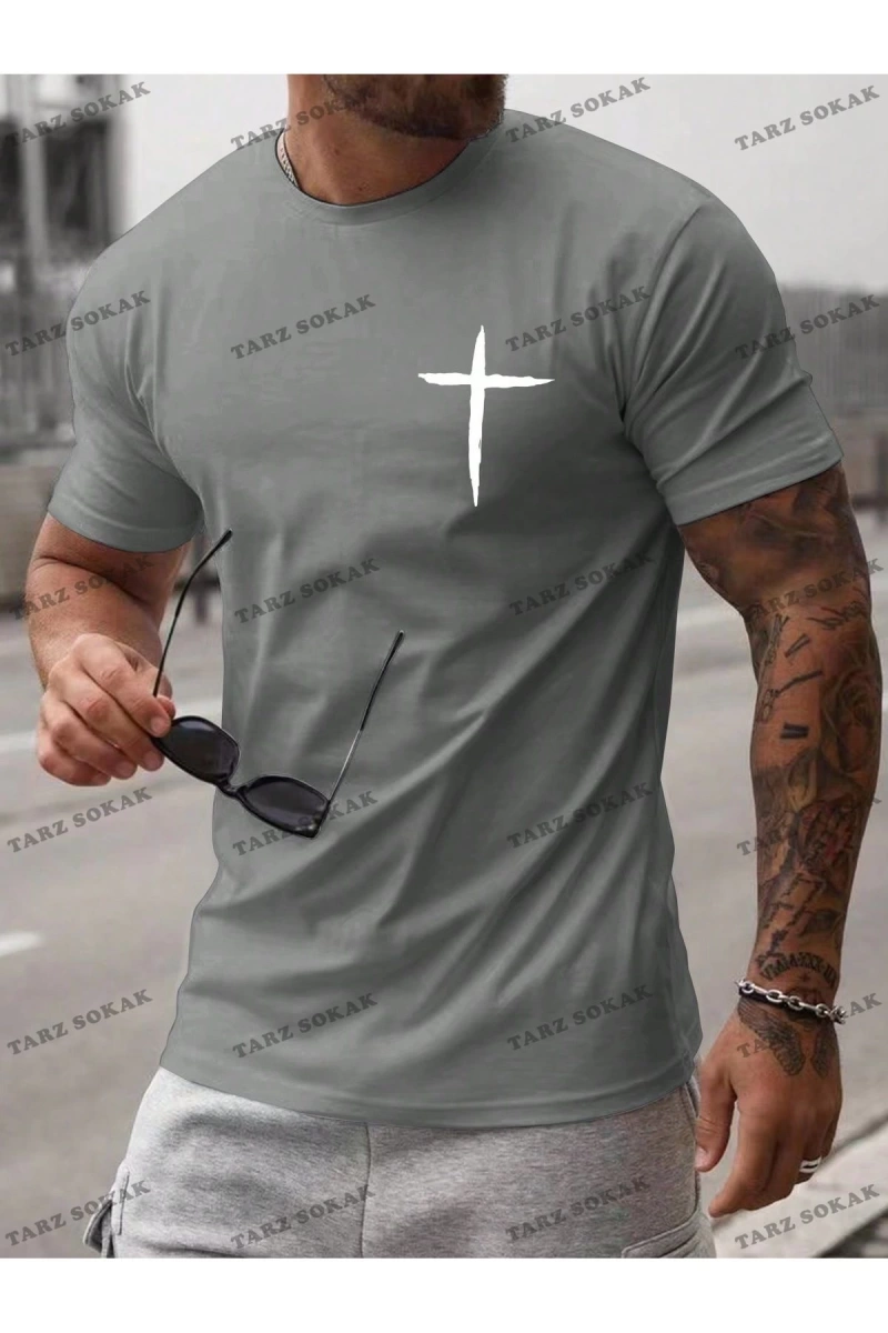 KOD Trend Erkek Çapraz Baskılı Kısa Kollu Erkek T Shirt
