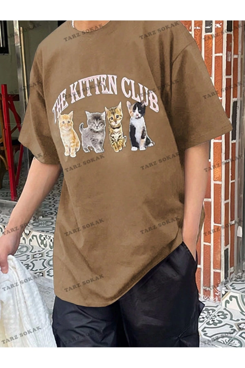 KOD Trend Erkek Düşük Omuzlu Kedi Baskılı Sloganlı T-Shirt