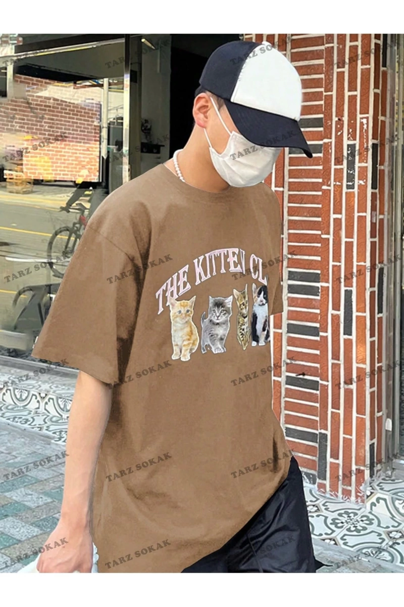 KOD Trend Erkek Düşük Omuzlu Kedi Baskılı Sloganlı T-Shirt