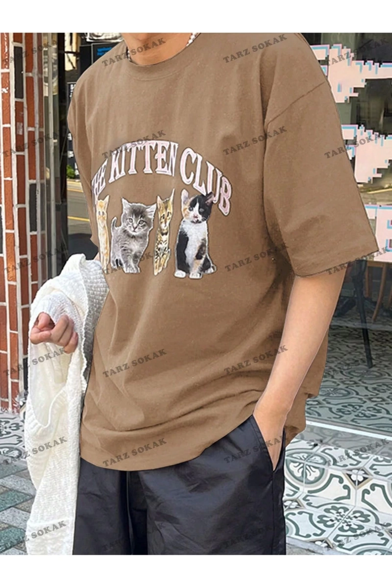 KOD Trend Erkek Düşük Omuzlu Kedi Baskılı Sloganlı T-Shirt
