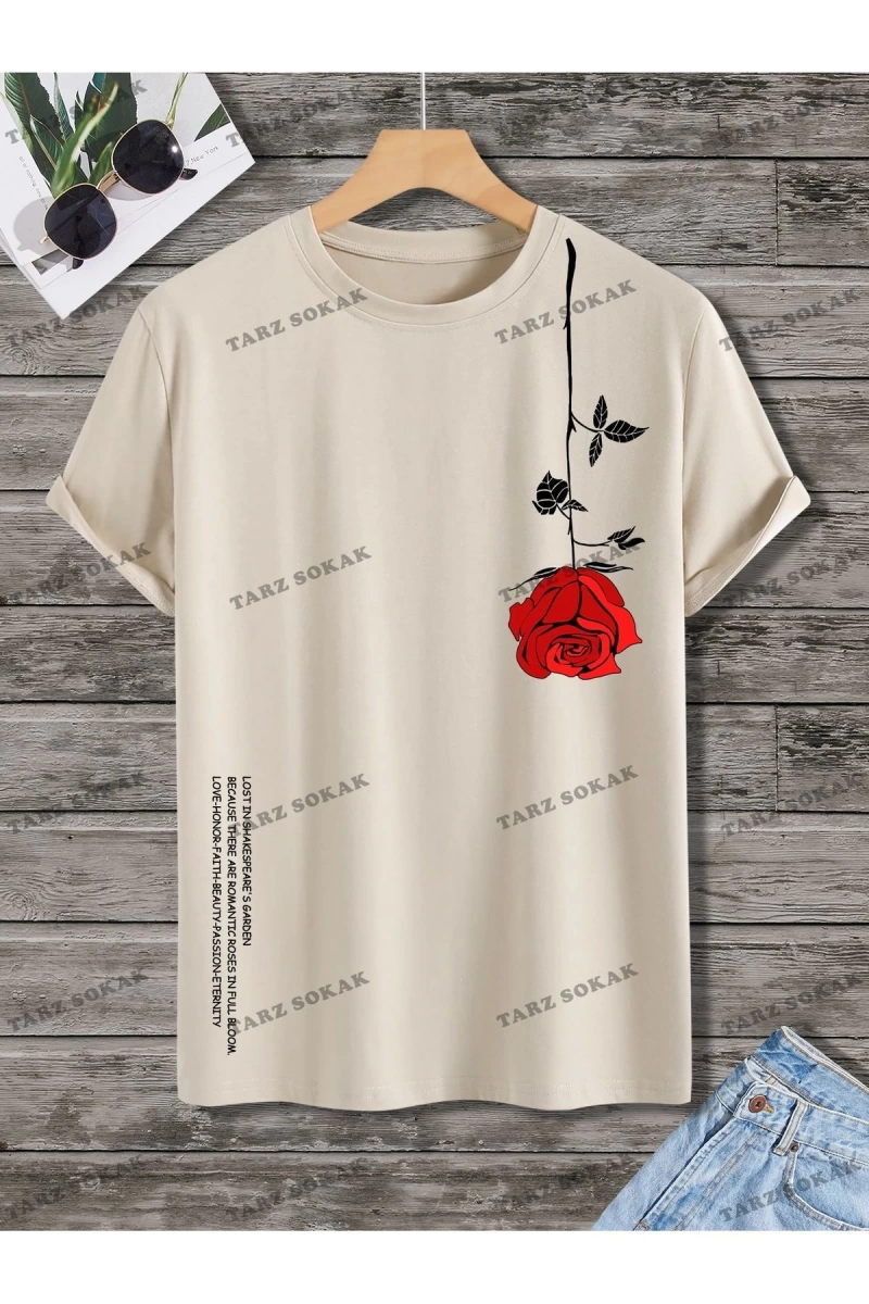 KOD Trend Homme Erkek Çiçek & Slogan Grafikli Tişört