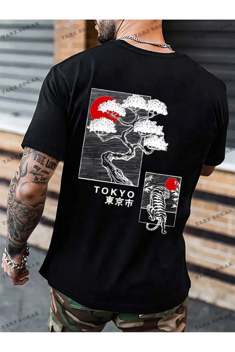 KOD Trend Homme Erkek Japon Harfli ve Ağaç Baskılı Tişört