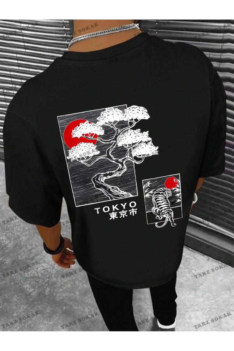 KOD Trend Homme Erkek Japon Harfli ve Ağaç Baskılı Tişört