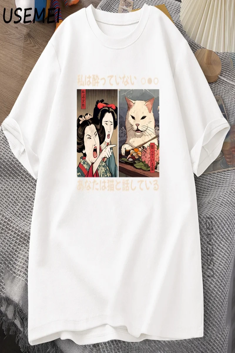 Komik Bir Kedi Bağırmak Meme T-shirt Vintage Japon Tarzı Kedi Grafik T Shirt Erkek Kadın O Bo 2868