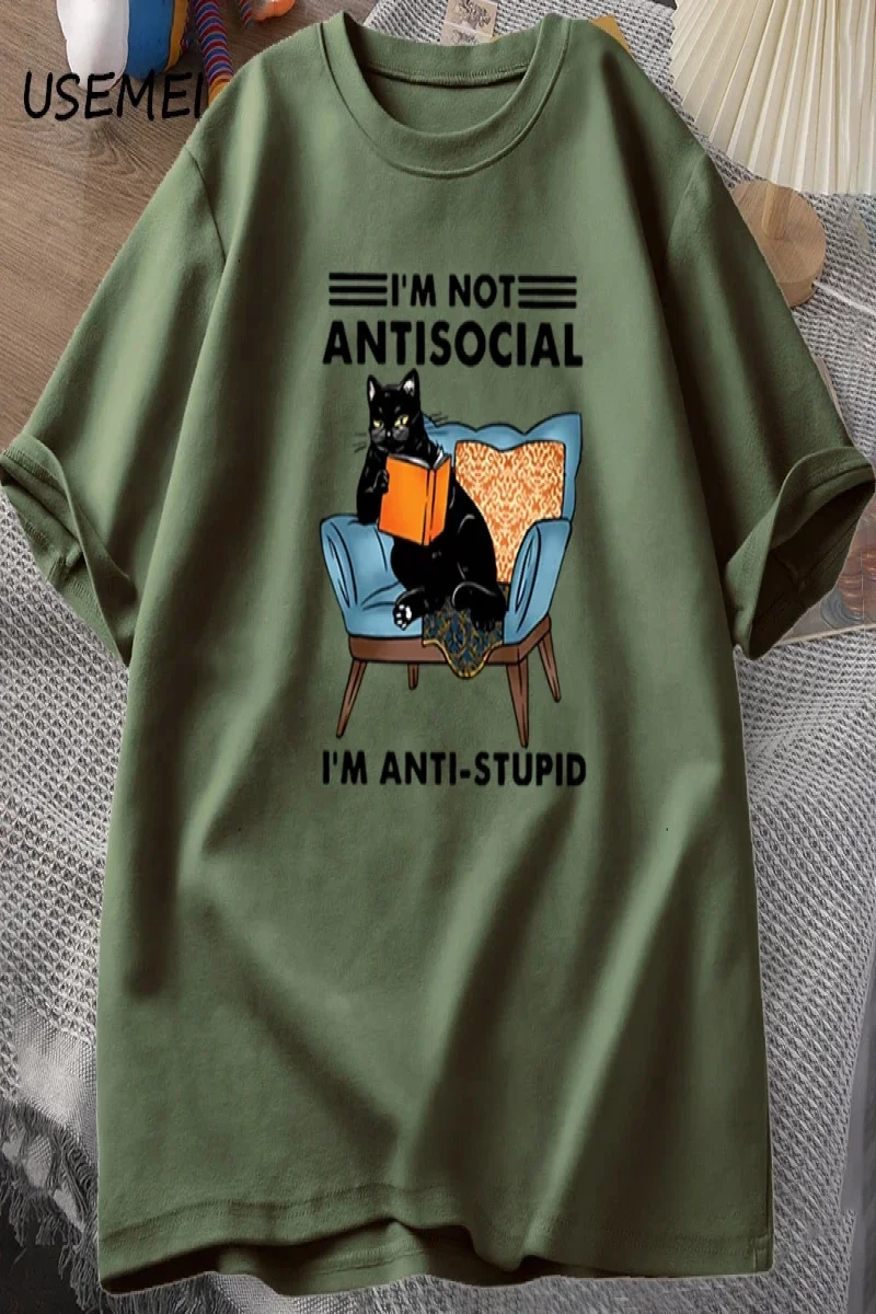 Komik kedi okuma kitap t-shirt grafik Tees pamuk erkek giyim O boyun Meme kısa kollu Tees Har 2832