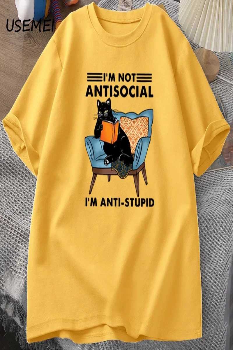 Komik kedi okuma kitap t-shirt grafik Tees pamuk erkek giyim O boyun Meme kısa kollu Tees Har 2832