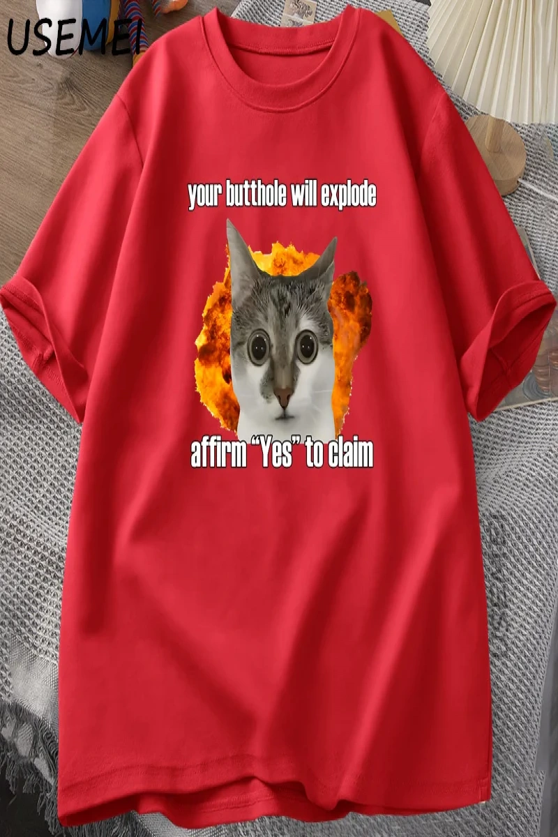 Komik Kedi Pamuk Tişört O-Boyun Kısa Kollu Gevşek moda üst giyim Tees Erkekler Büyük Boy Tişö 2994