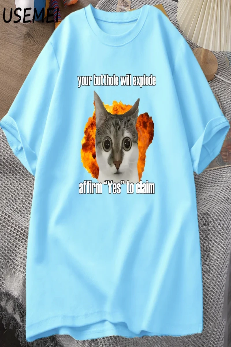 Komik Kedi Pamuk Tişört O-Boyun Kısa Kollu Gevşek moda üst giyim Tees Erkekler Büyük Boy Tişö 2994