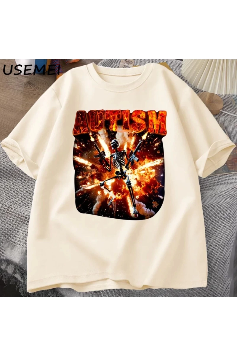 Komik Meme Tişörtleri Otistik İskelet T Shirt Kadın Erkek Otizm Sinirli T-shirt Moda Pamuk Ti