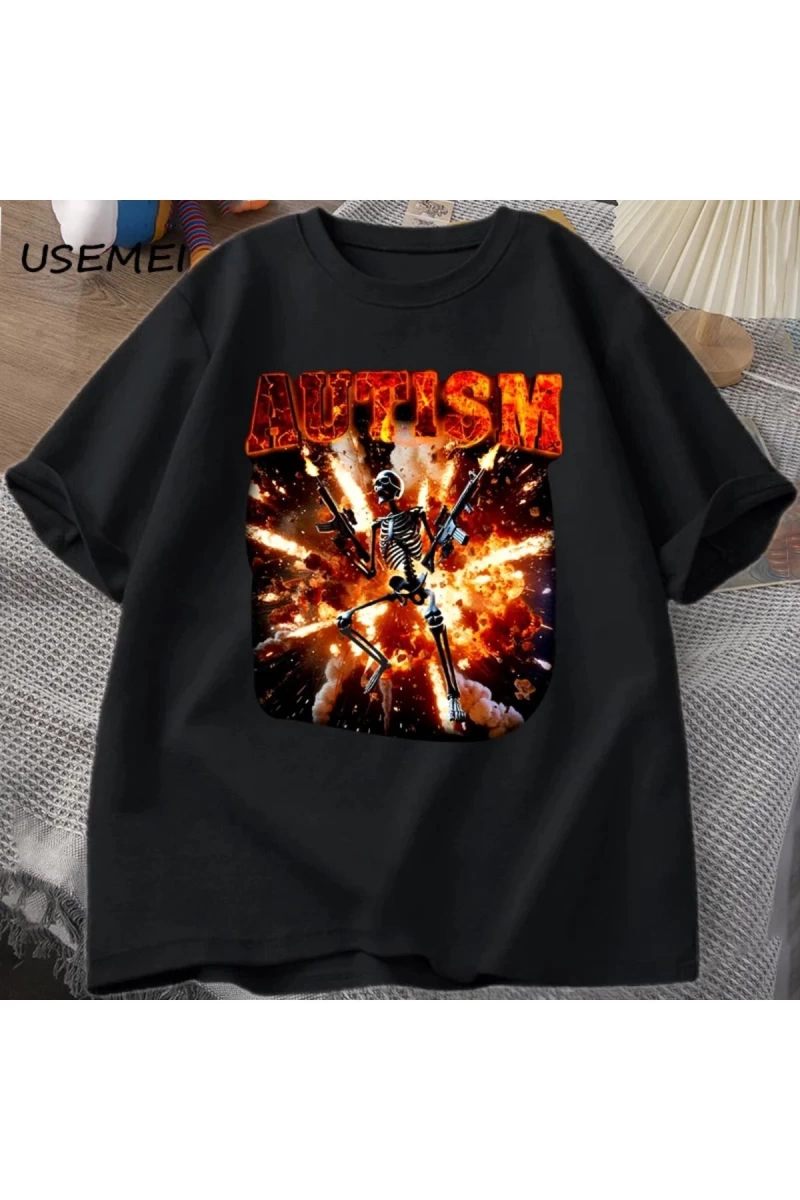 Komik Meme Tişörtleri Otistik İskelet T Shirt Kadın Erkek Otizm Sinirli T-shirt Moda Pamuk Ti