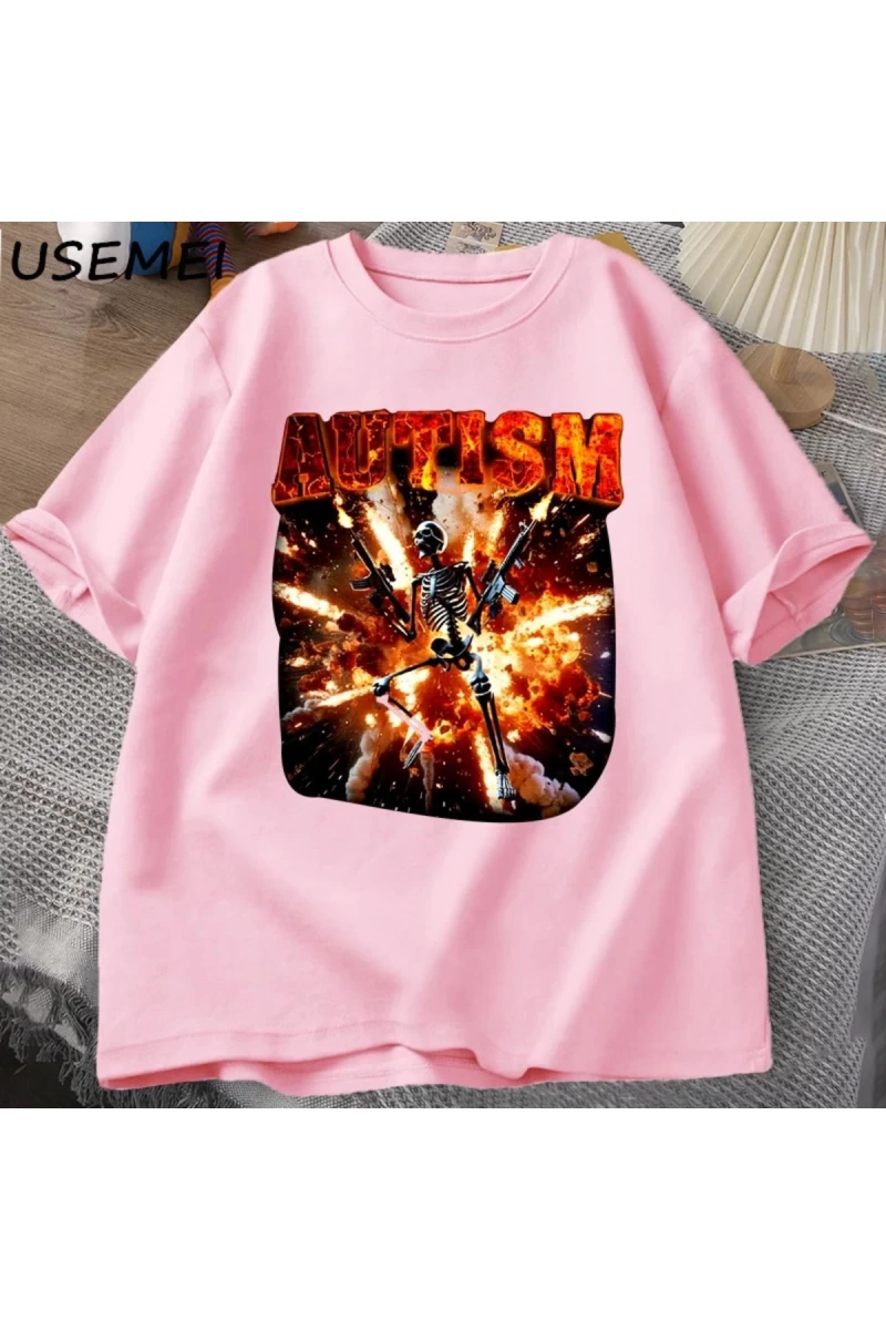 Komik Meme Tişörtleri Otistik İskelet T Shirt Kadın Erkek Otizm Sinirli T-shirt Moda Pamuk Ti