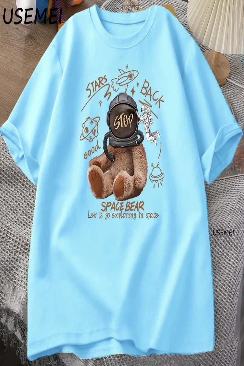 Komik Uzay Ayı T-shirt Erkek Kadın Rahat Pamuk Kısa Kollu Yuvarlak Boyun Tshirt Gevşek Nefes  3036