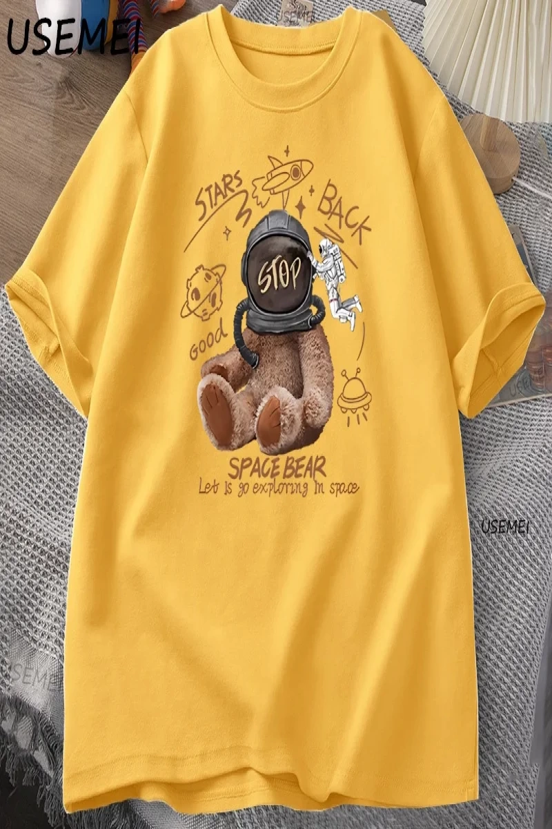 Komik Uzay Ayı T-shirt Erkek Kadın Rahat Pamuk Kısa Kollu Yuvarlak Boyun Tshirt Gevşek Nefes  3036