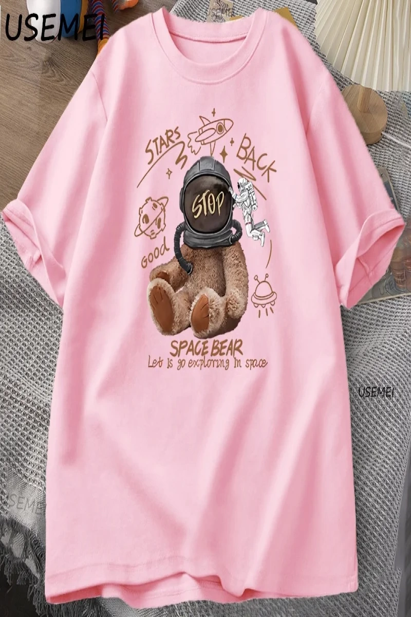 Komik Uzay Ayı T-shirt Erkek Kadın Rahat Pamuk Kısa Kollu Yuvarlak Boyun Tshirt Gevşek Nefes  3036