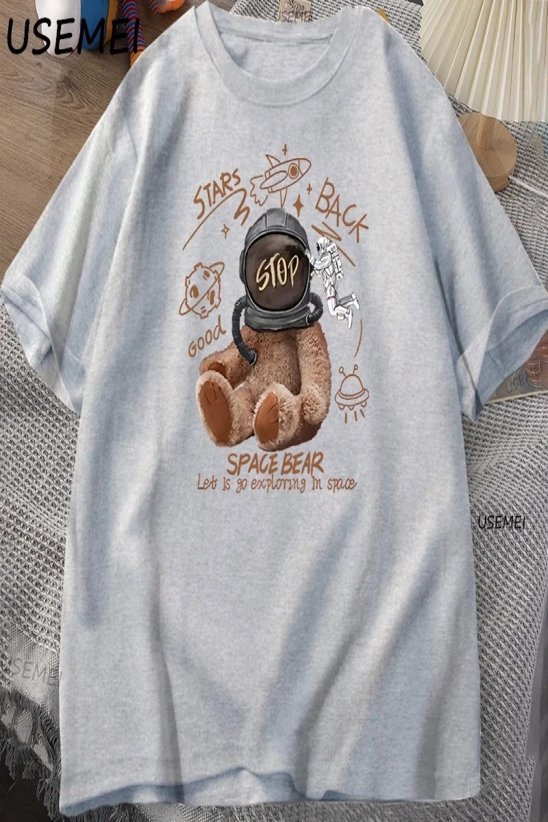 Komik Uzay Ayı T-shirt Erkek Kadın Rahat Pamuk Kısa Kollu Yuvarlak Boyun Tshirt Gevşek Nefes  3036