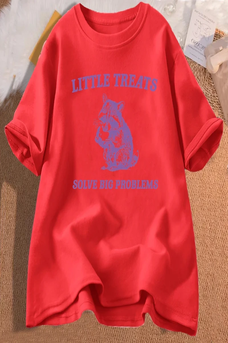 Küçük davranır büyük sorunları çözmek komik rakun baskı T Shirt erkek kadın moda Harajuku Ret 3091