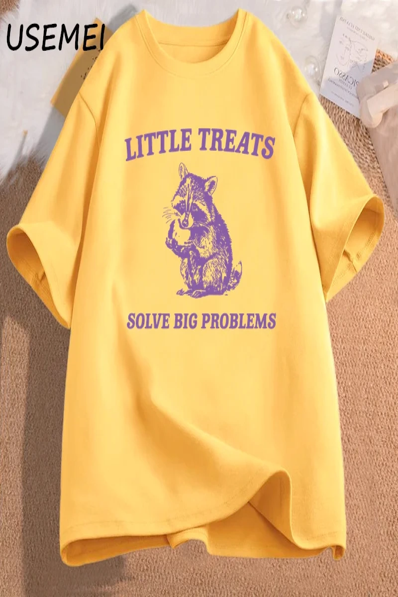 Küçük davranır büyük sorunları çözmek komik rakun baskı T Shirt erkek kadın moda Harajuku Ret 3091