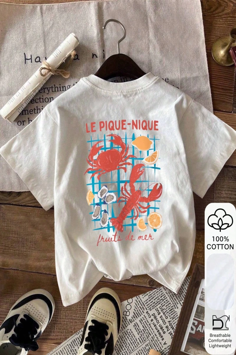 LE PIQUE-NIQUE & Yengeç Baskı, Yazlık Kadın %100 Pamuklu Kısa Kollu, Beyaz Kısa Kollu, Grafik