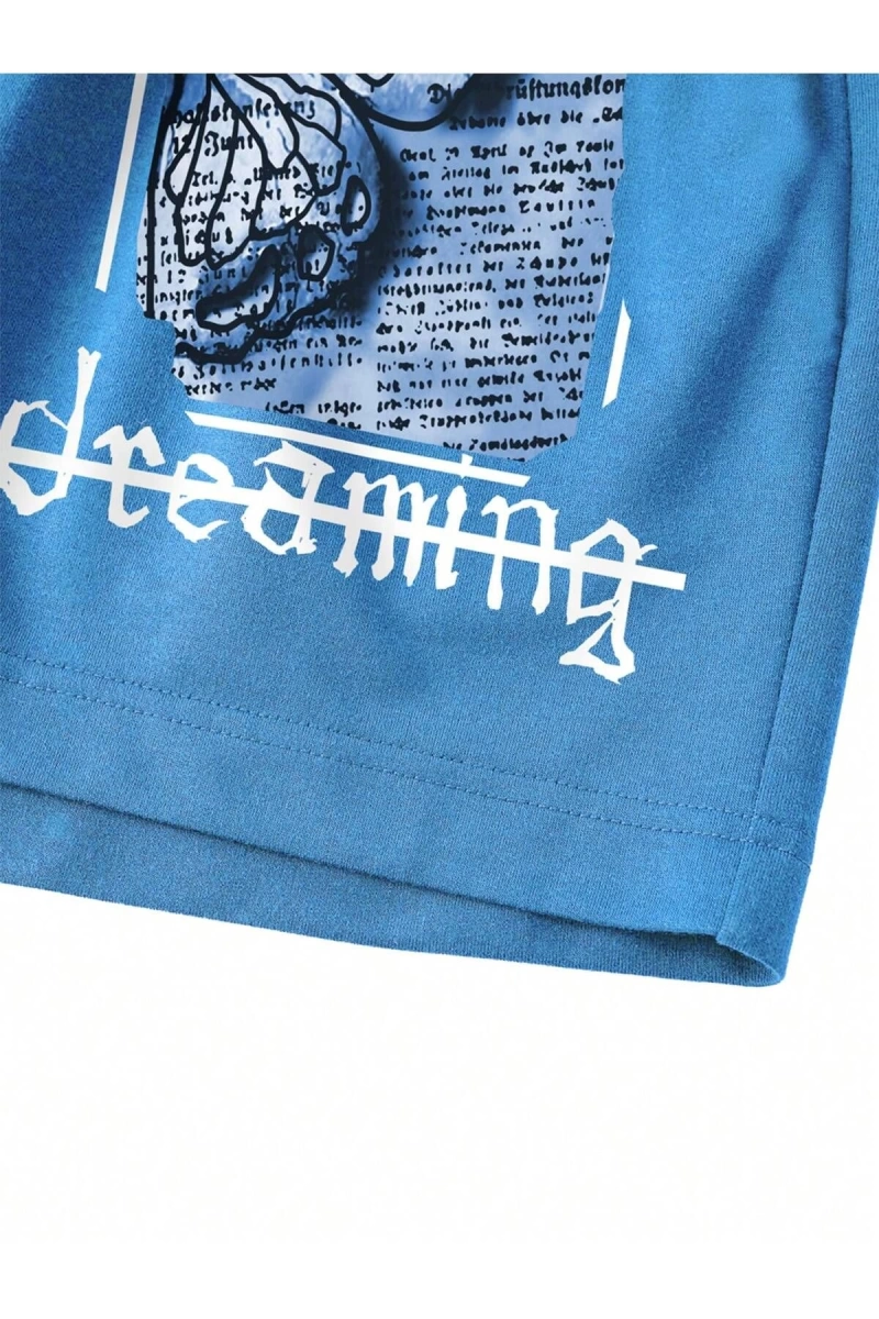 Letter & Butterfly Graphic Drawstring Waist Şort