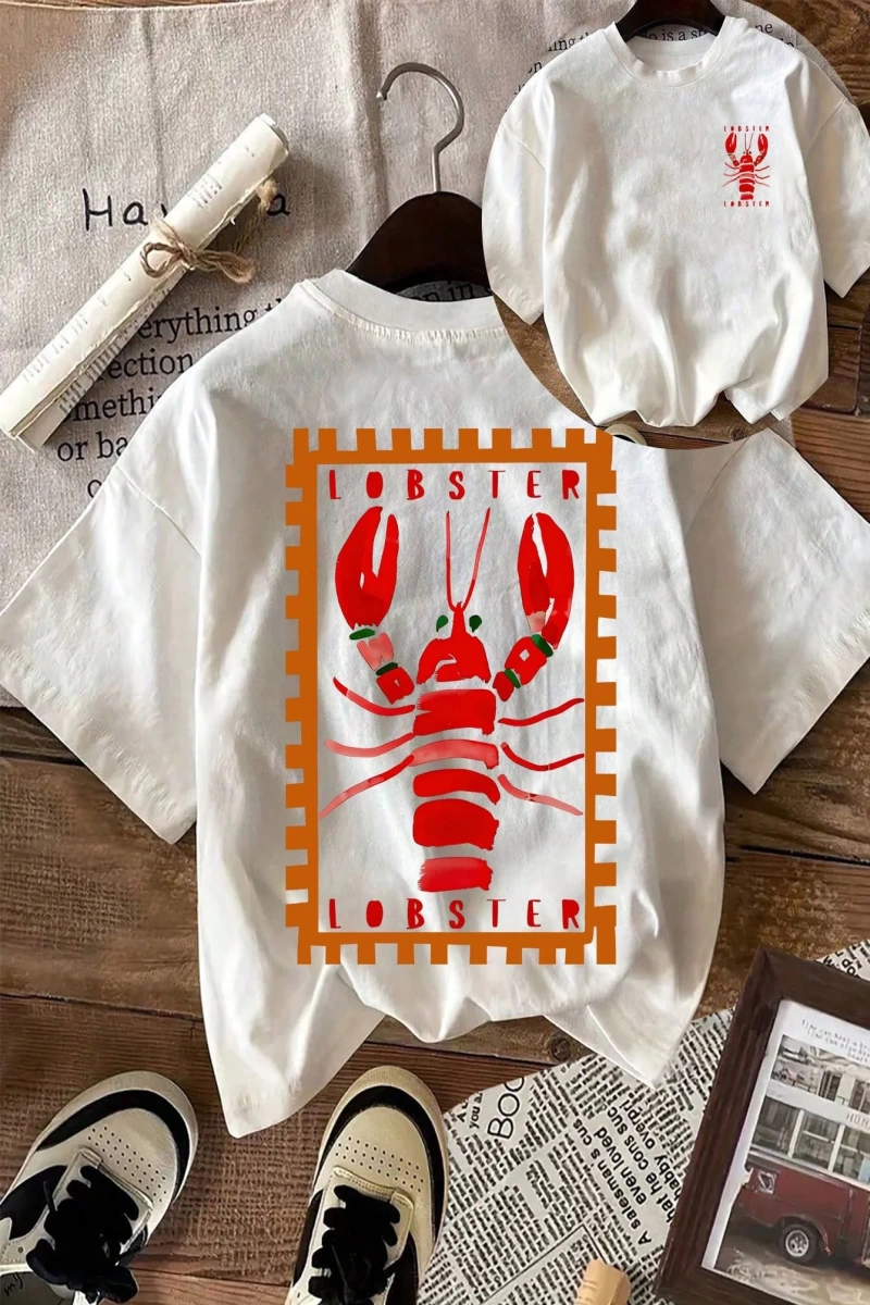 Lobster Graphic Yaz Dışarı Çıkma Tişörtü, Kadın Rahat Yuvarlak Yaka Kısa Kollu Tişört