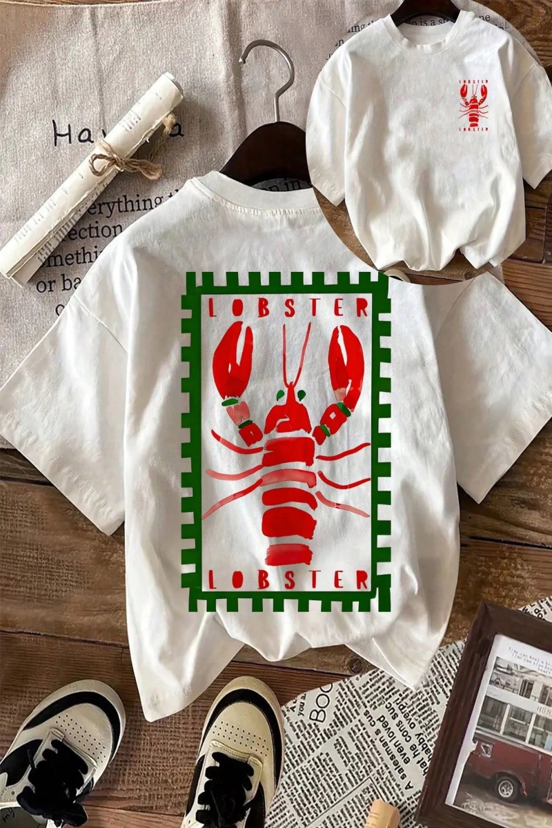 Lobster Graphic Yaz Dışarı Çıkma Tişörtü, Kadın Rahat Yuvarlak Yaka Kısa Kollu Tişört