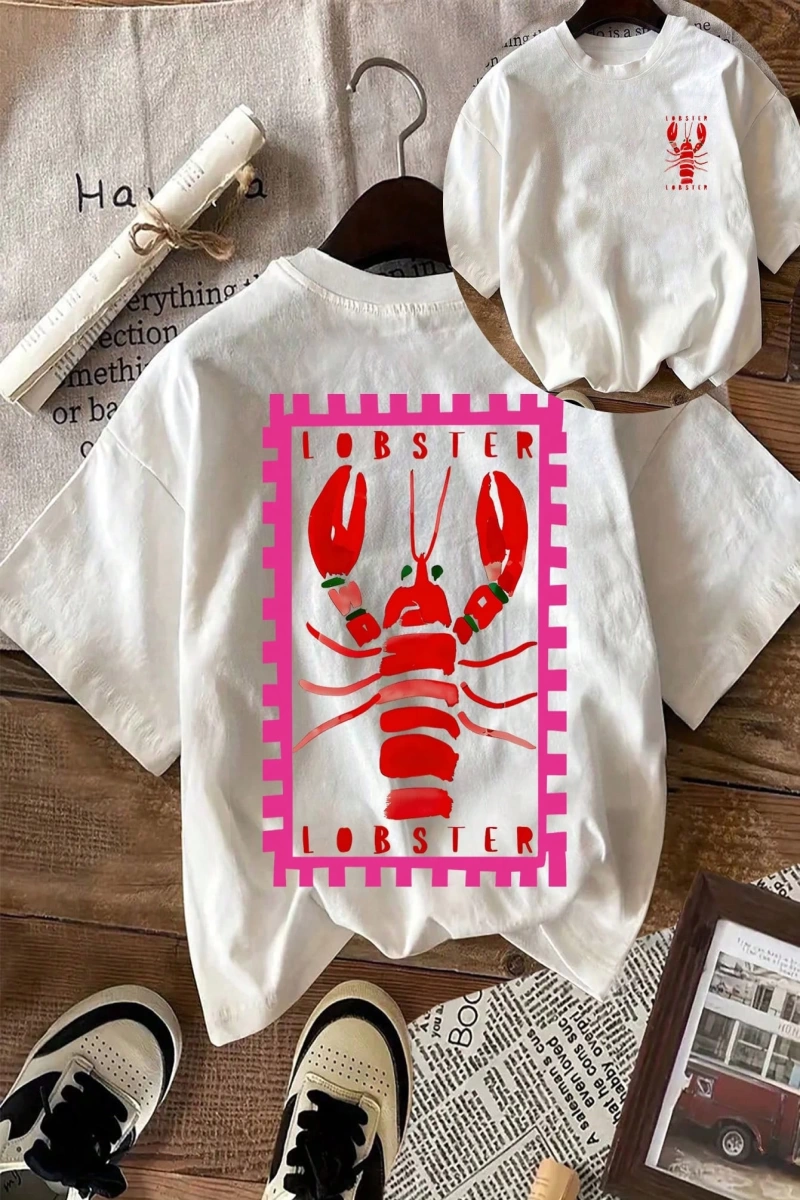 Lobster Graphic Yaz Dışarı Çıkma Tişörtü, Kadın Rahat Yuvarlak Yaka Kısa Kollu Tişört