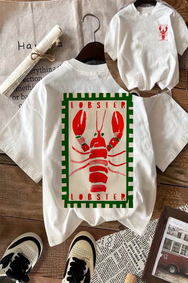 Lobster Graphic Yaz Dışarı Çıkma Tişörtü, Kadın Rahat Yuvarlak Yaka Kısa Kollu Tişört