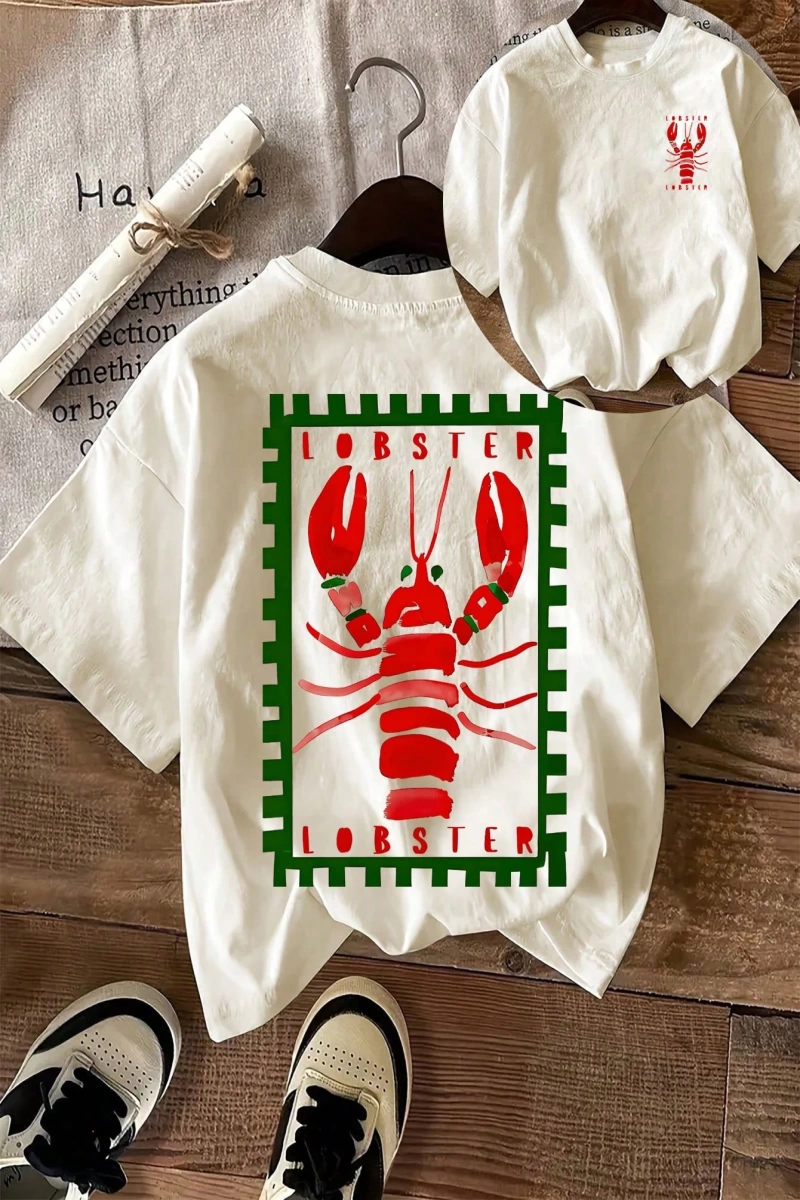 Lobster Graphic Yaz Dışarı Çıkma Tişörtü, Kadın Rahat Yuvarlak Yaka Kısa Kollu Tişört