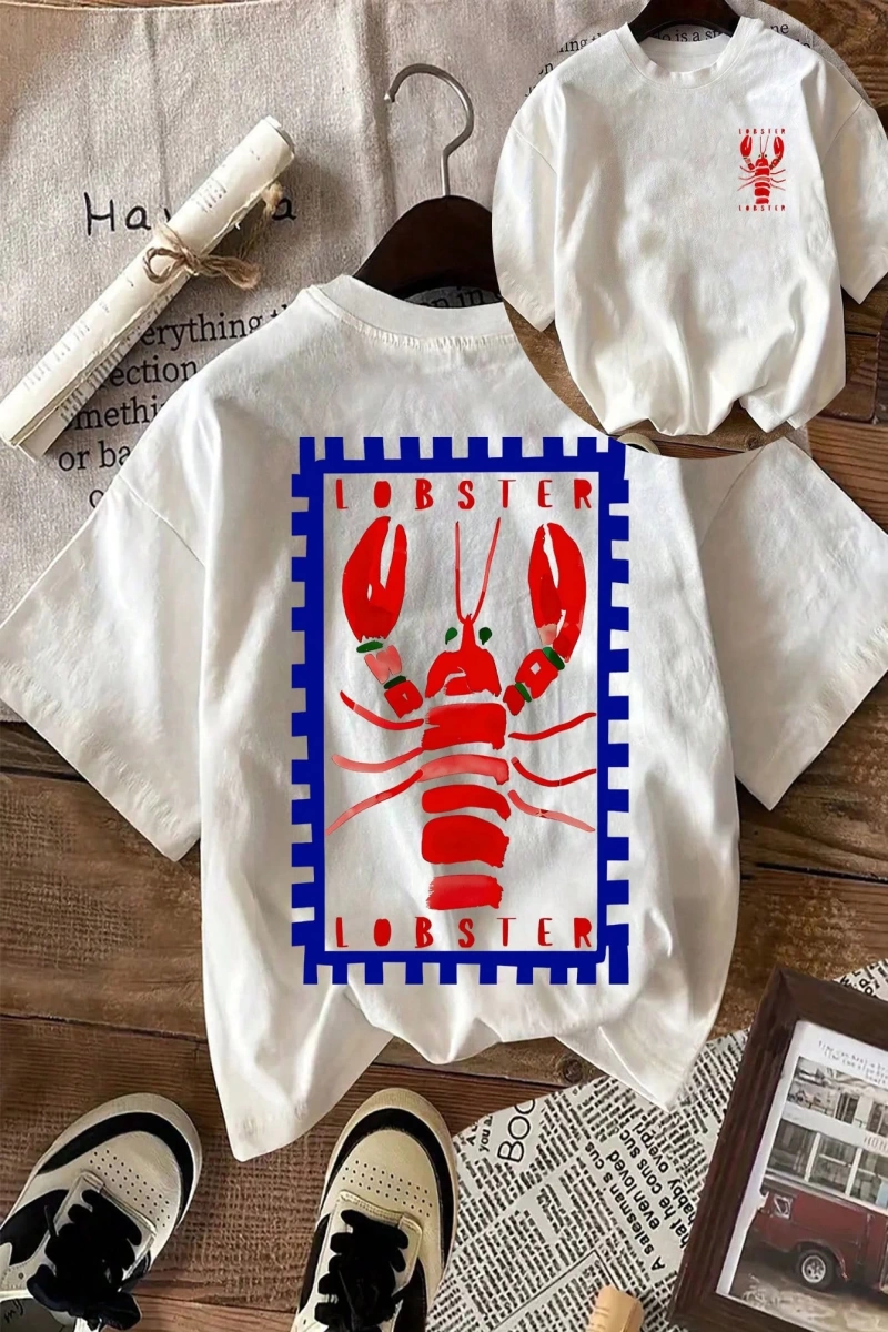 Lobster Graphic Yaz Dışarı Çıkma Tişörtü, Kadın Rahat Yuvarlak Yaka Kısa Kollu Tişört