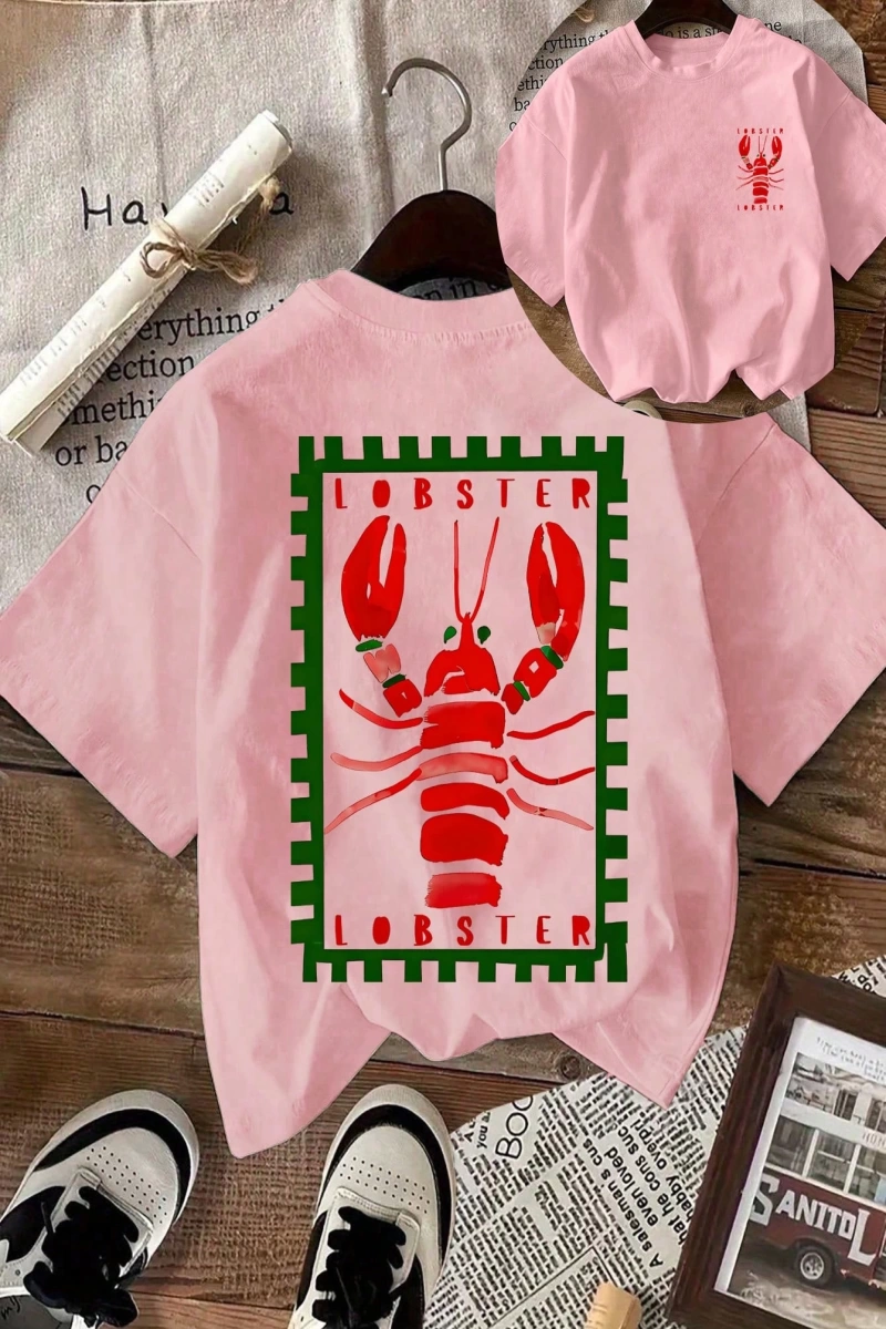 Lobster Graphic Yaz Dışarı Çıkma Tişörtü, Kadın Rahat Yuvarlak Yaka Kısa Kollu Tişört