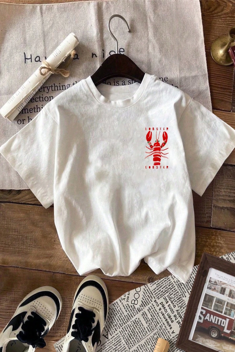 Lobster Graphic Yaz Dışarı Çıkma Tişörtü, Kadın Rahat Yuvarlak Yaka Kısa Kollu Tişört